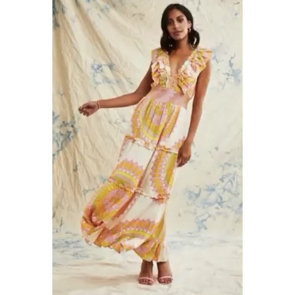 NWT Love the Label Boho Maxi Dress Linen Blend Ruffle Tiered Size L - Picture 2 of 13
